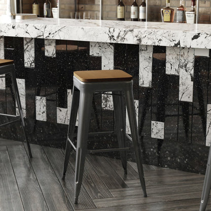 30" High Black Metal Indoor-Outdoor Barstool with Teak Poly Resin Wood Seat