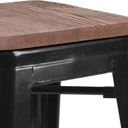 30" High Backless Black Metal Barstool with Square Wood Seat