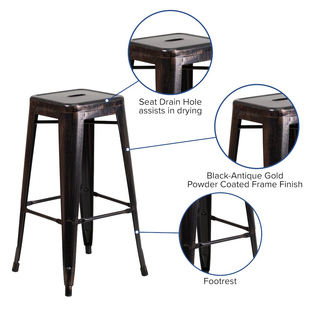 30" High Backless Black-Antique Gold Metal Indoor-Outdoor Barstool with Seat