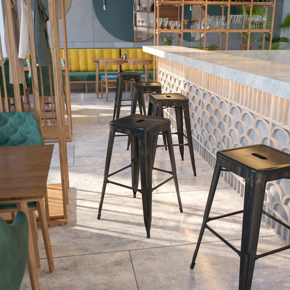 30" High Backless Black-Antique Gold Metal Indoor-Outdoor Barstool with Seat