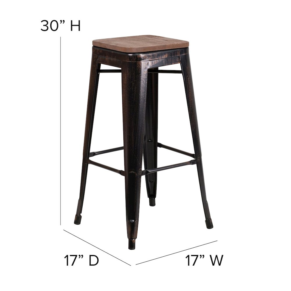 30" High Backless Black-Antique Gold Metal Barstool with Square Wood Seat