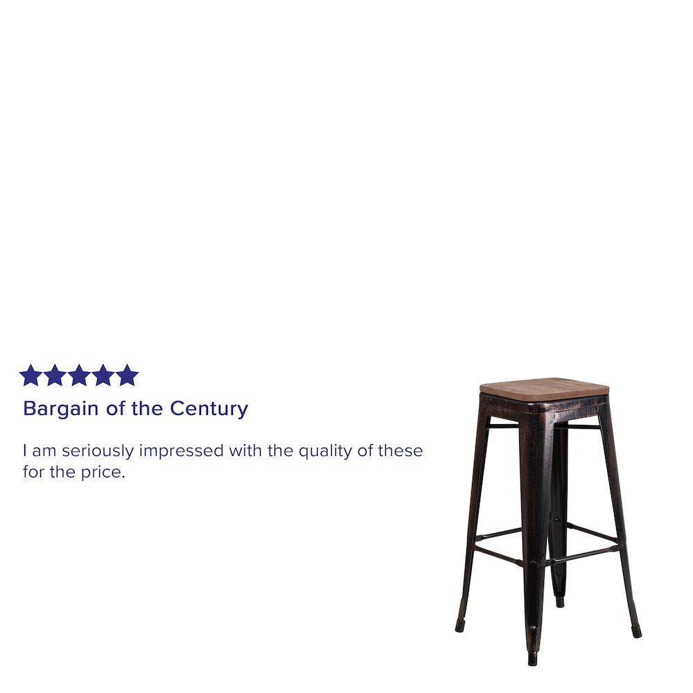 30" High Backless Black-Antique Gold Metal Barstool with Square Wood Seat