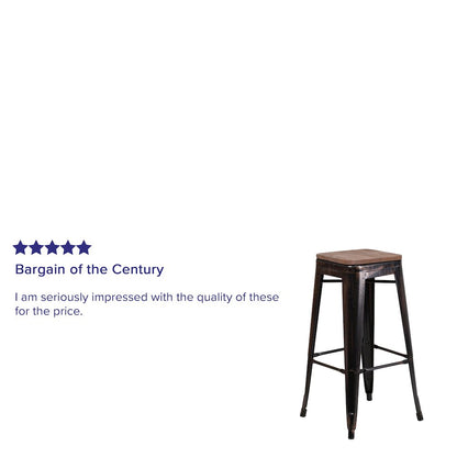 30" High Backless Black-Antique Gold Metal Barstool with Square Wood Seat