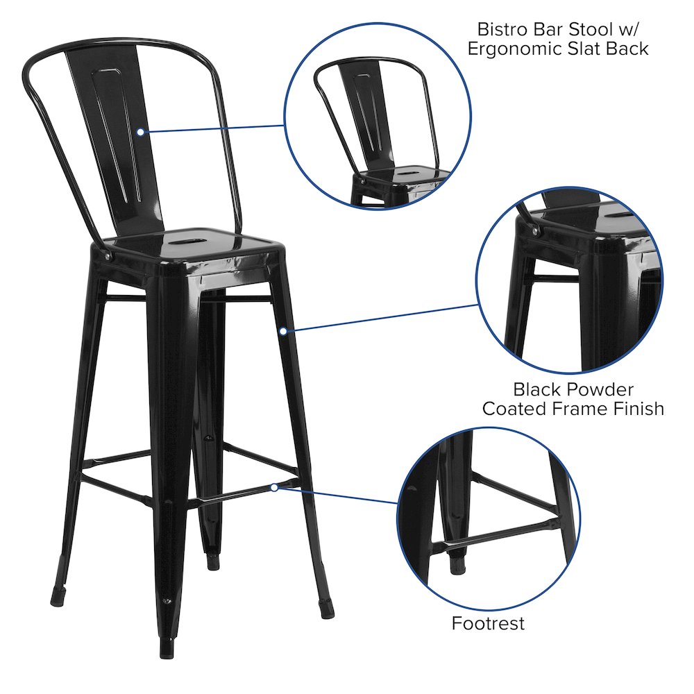 30" High Black Metal Indoor-Outdoor Barstool with Removable Back