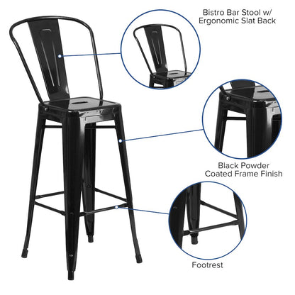 30" High Black Metal Indoor-Outdoor Barstool with Removable Back