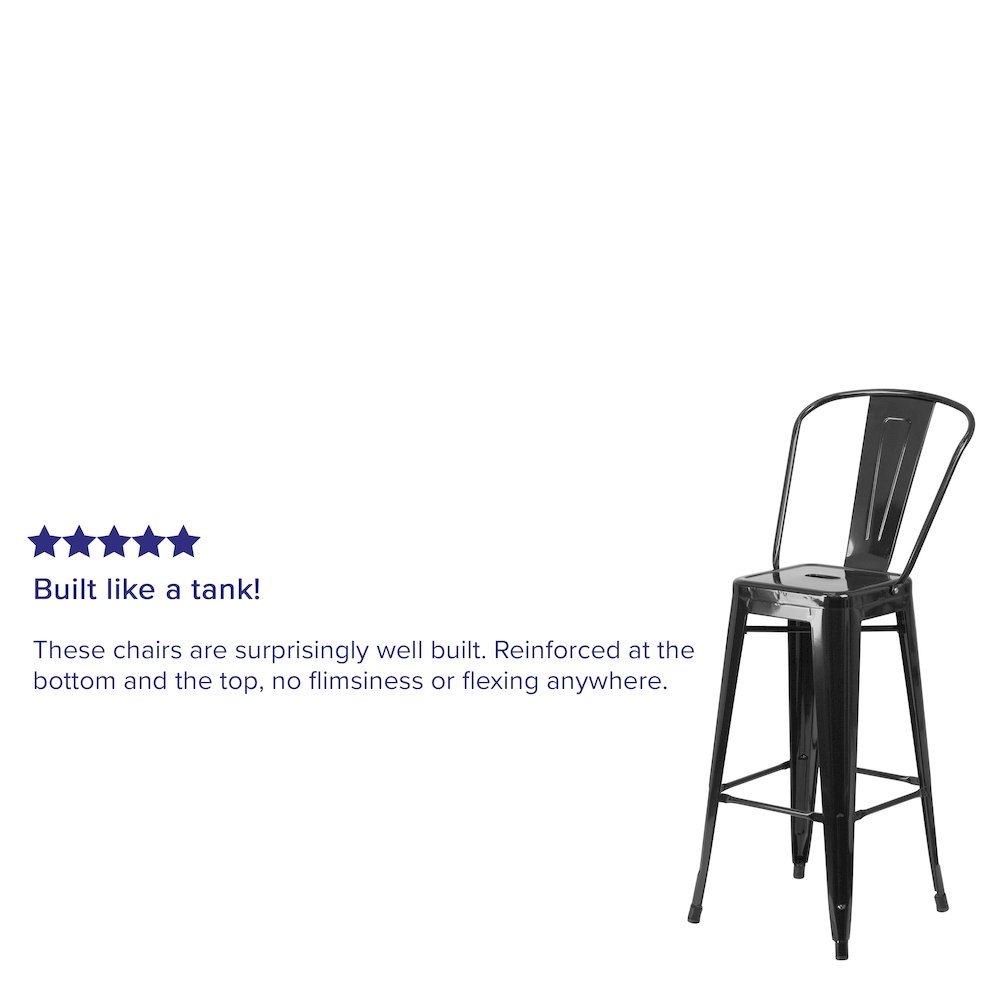 30" High Black Metal Indoor-Outdoor Barstool with Removable Back