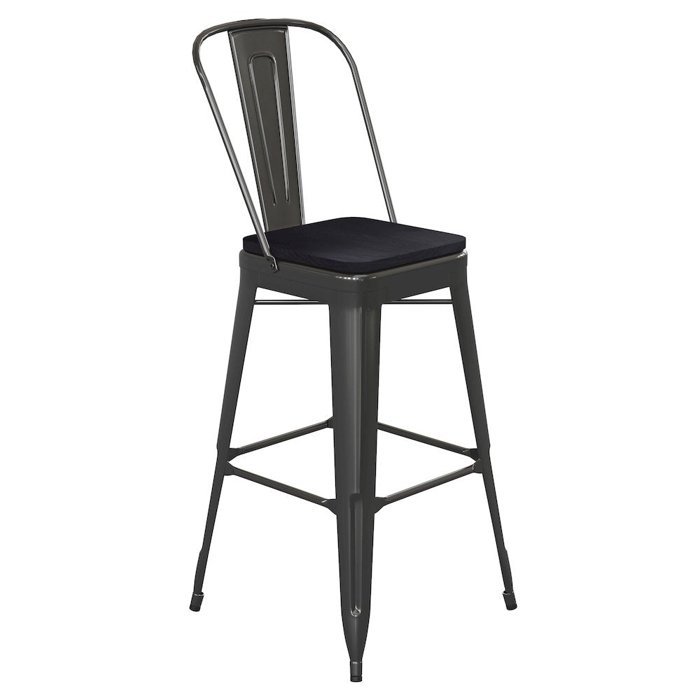 30" High Black Metal Bar Height Stool with Black All-Weather Poly Resin Seat