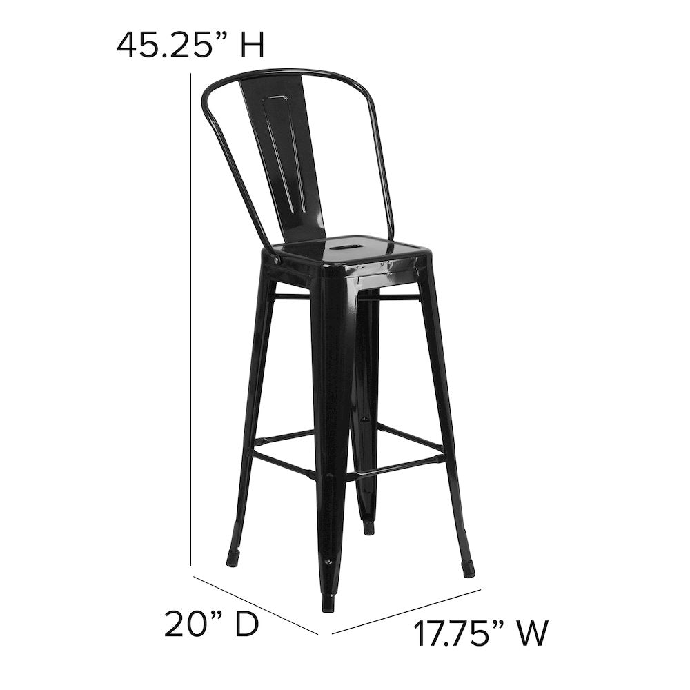 30" High Black Metal Bar Height Stool with Black All-Weather Poly Resin Seat