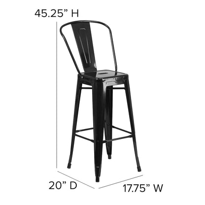 30" High Black Metal Bar Height Stool with Black All-Weather Poly Resin Seat