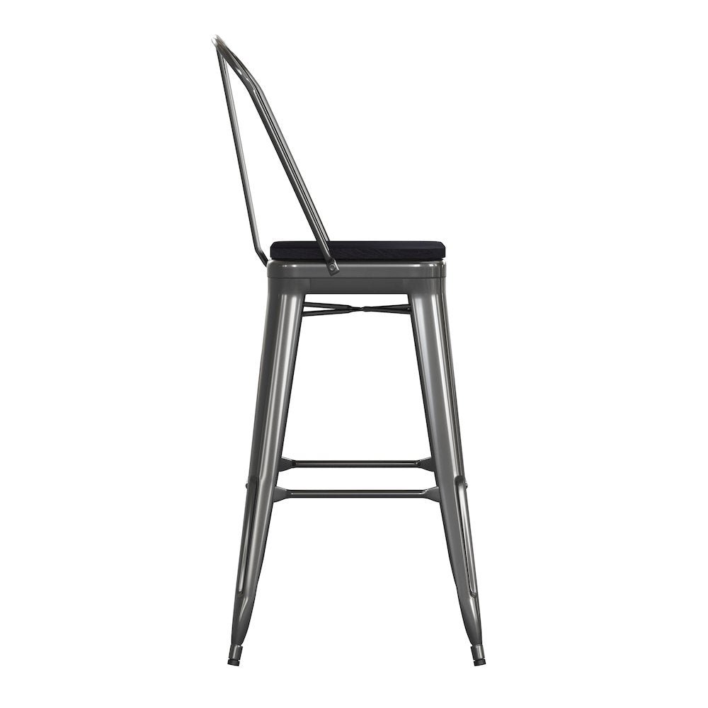 30" High Black Metal Bar Height Stool with Black All-Weather Poly Resin Seat