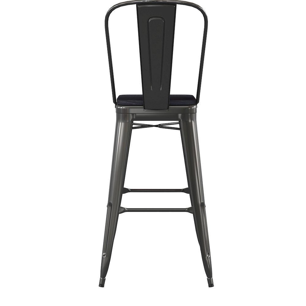 30" High Black Metal Bar Height Stool with Black All-Weather Poly Resin Seat
