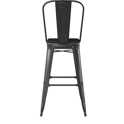 30" High Black Metal Bar Height Stool with Black All-Weather Poly Resin Seat