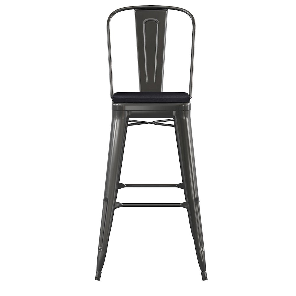 30" High Black Metal Bar Height Stool with Black All-Weather Poly Resin Seat