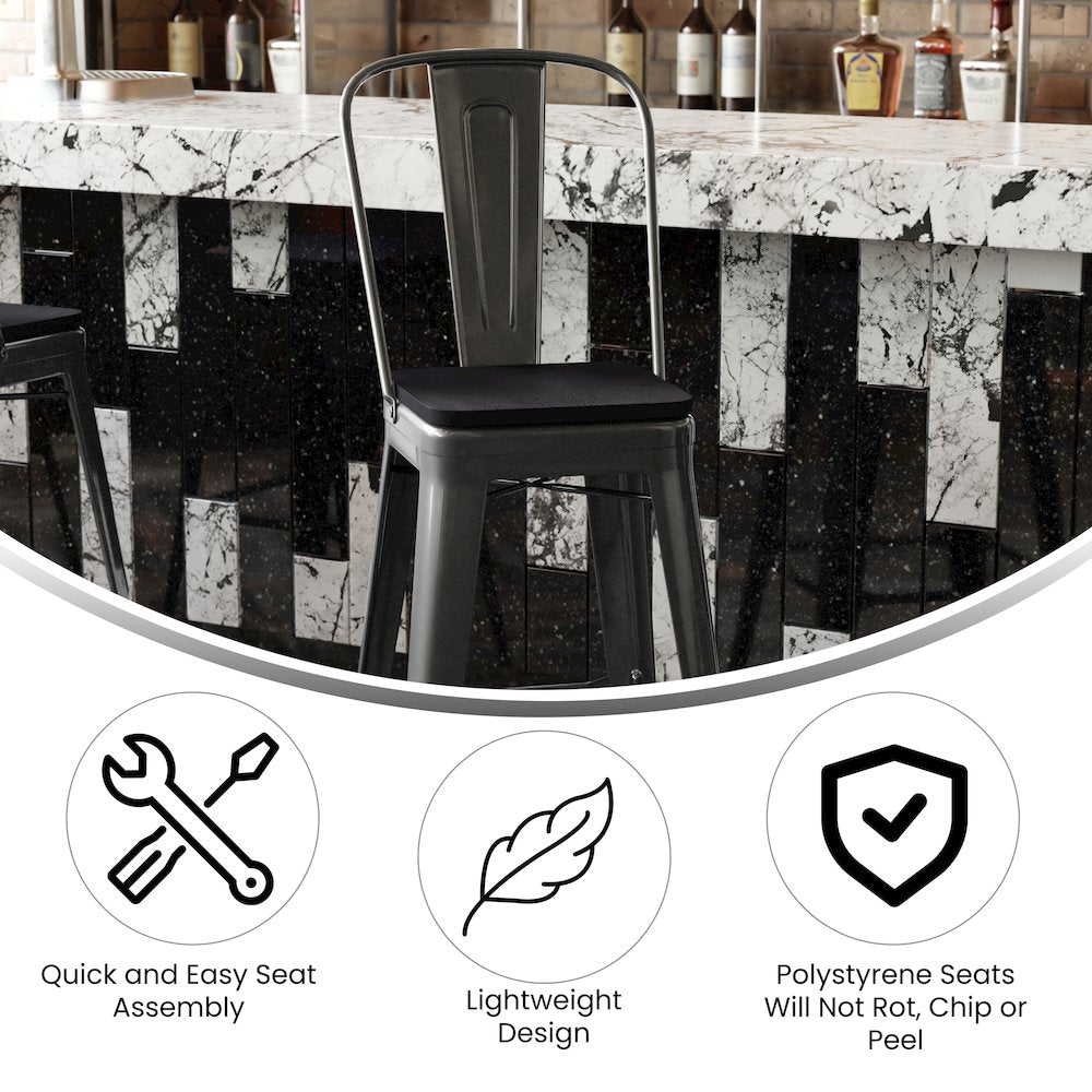 30" High Black Metal Bar Height Stool with Black All-Weather Poly Resin Seat