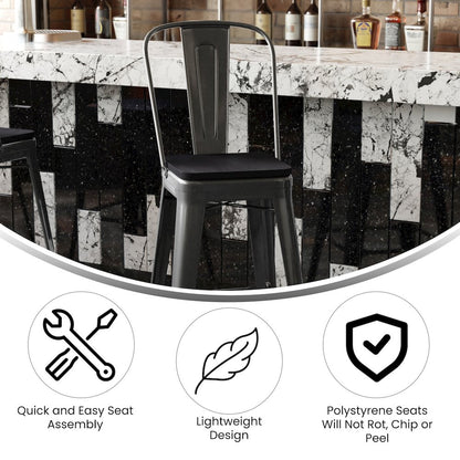 30" High Black Metal Bar Height Stool with Black All-Weather Poly Resin Seat