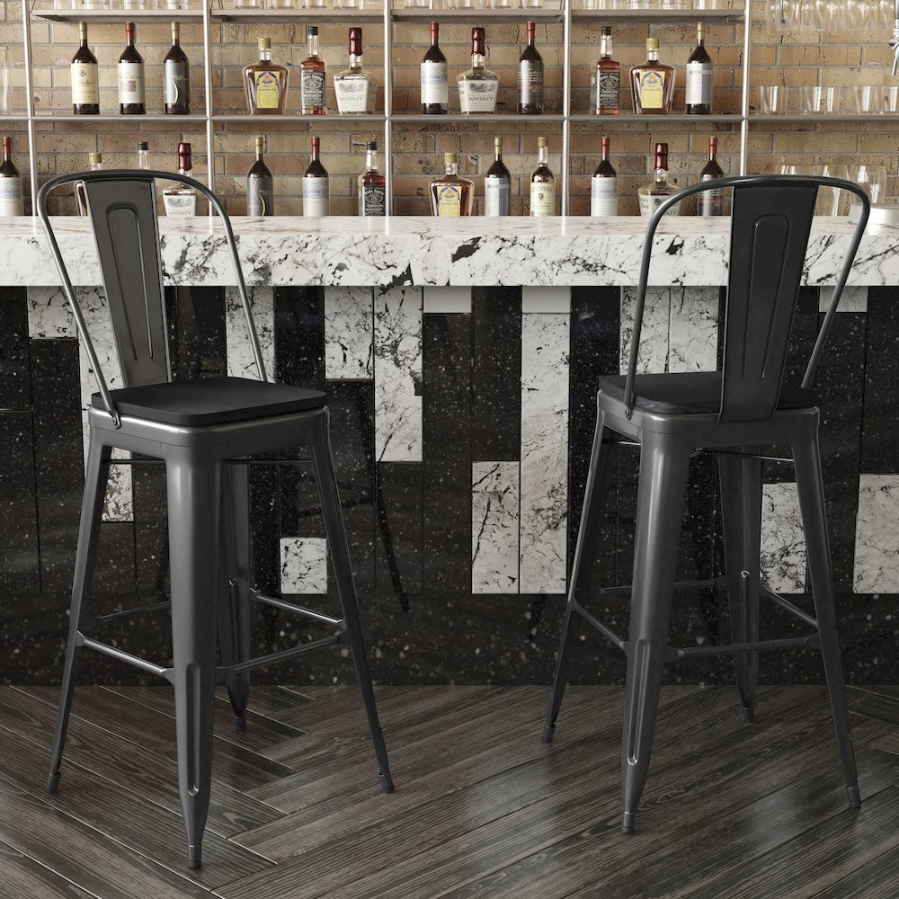 30" High Black Metal Bar Height Stool with Black All-Weather Poly Resin Seat