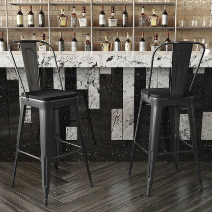 30" High Black Metal Bar Height Stool with Black All-Weather Poly Resin Seat
