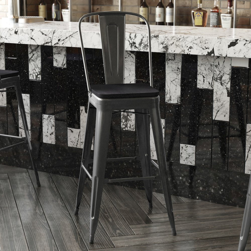 30" High Black Metal Bar Height Stool with Black All-Weather Poly Resin Seat