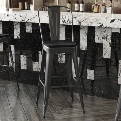 30" High Black Metal Bar Height Stool with Black All-Weather Poly Resin Seat