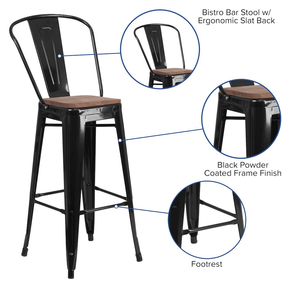 30" High Black Metal Barstool with Back and Wood Seat