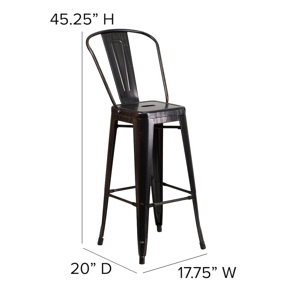 30" High Black-Antique Gold Metal Indoor-Outdoor Barstool with Removable Back