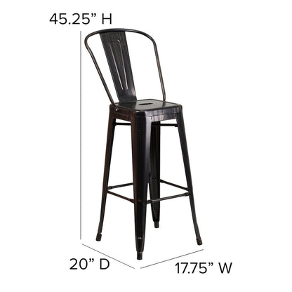 30" High Black-Antique Gold Metal Indoor-Outdoor Barstool with Removable Back