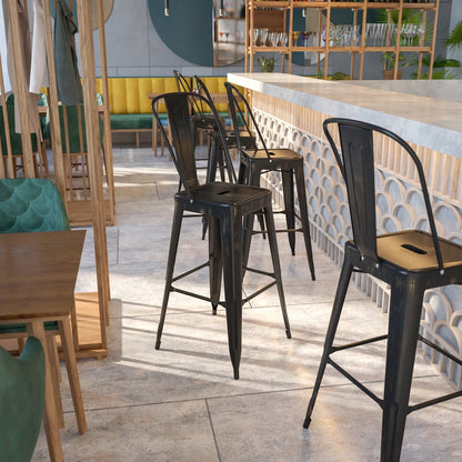 30" High Black-Antique Gold Metal Indoor-Outdoor Barstool with Removable Back