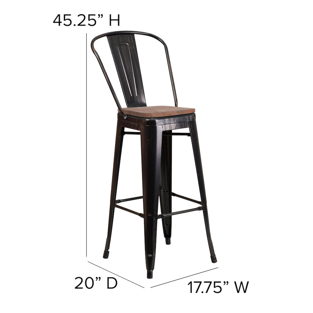 30" High Black-Antique Gold Metal Barstool with Back and Wood Seat