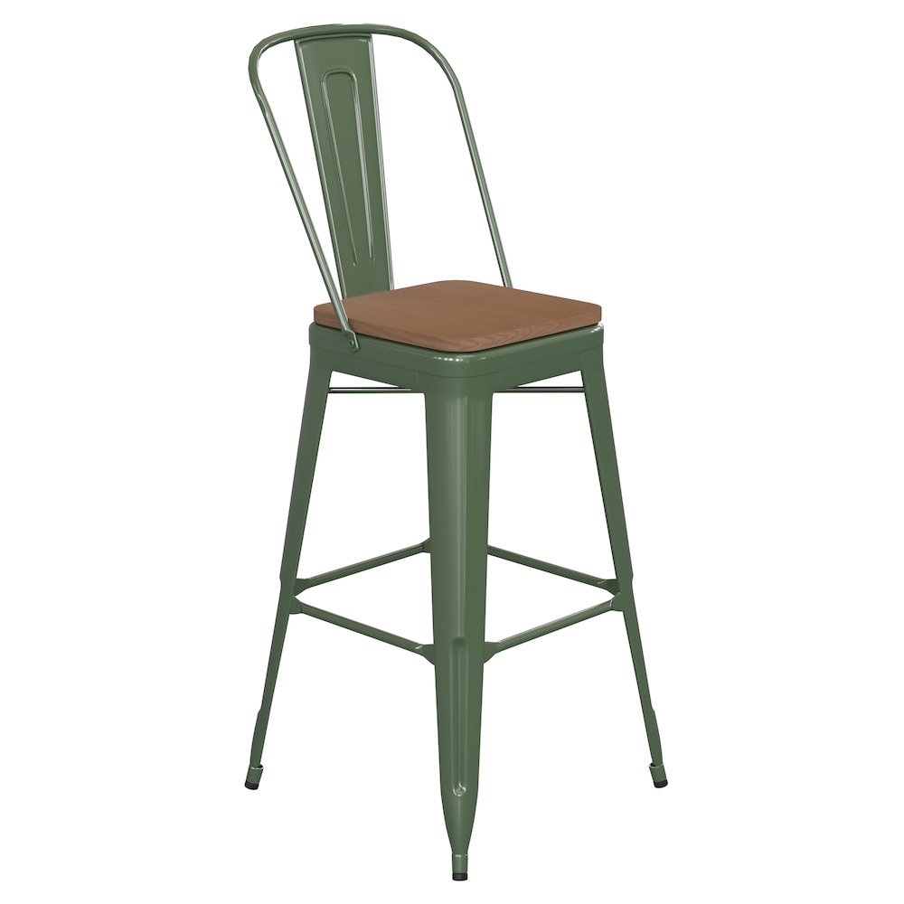 30" High Green Metal Bar Height Stool with Teak All-Weather Poly Resin Seat