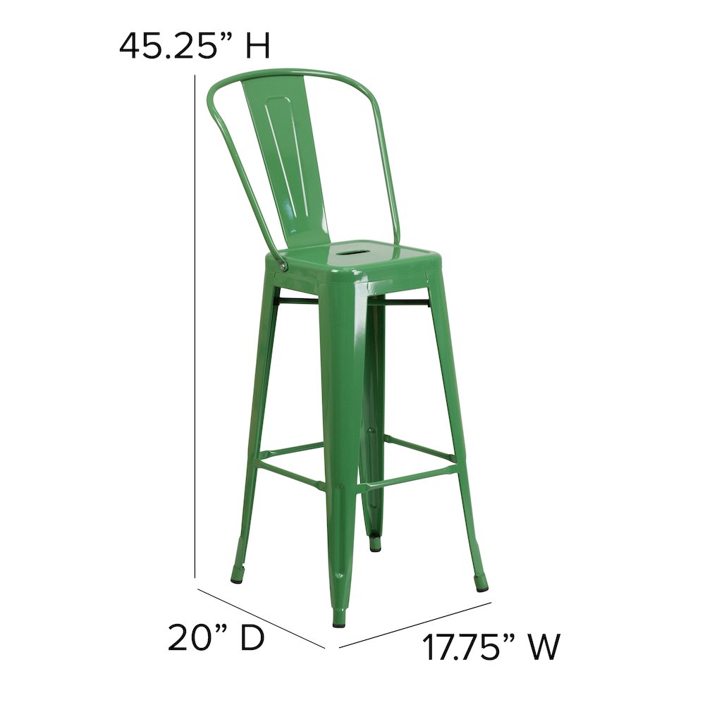 30" High Green Metal Bar Height Stool with Teak All-Weather Poly Resin Seat