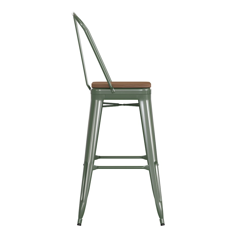 30" High Green Metal Bar Height Stool with Teak All-Weather Poly Resin Seat