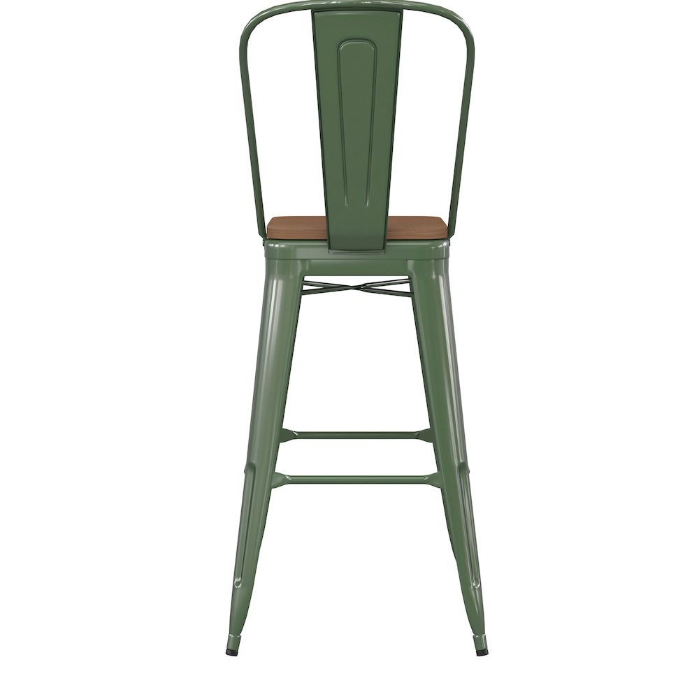 30" High Green Metal Bar Height Stool with Teak All-Weather Poly Resin Seat