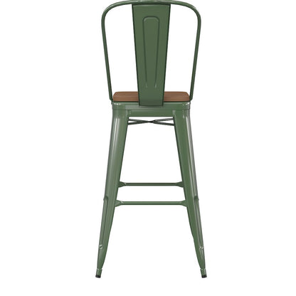 30" High Green Metal Bar Height Stool with Teak All-Weather Poly Resin Seat