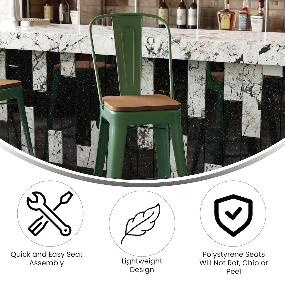 30" High Green Metal Bar Height Stool with Teak All-Weather Poly Resin Seat
