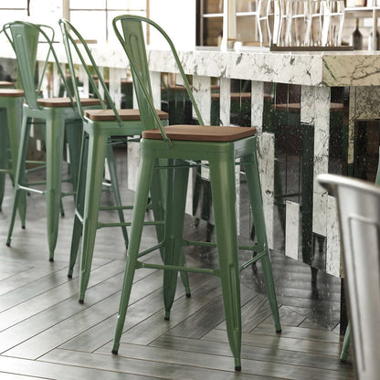 30" High Green Metal Bar Height Stool with Teak All-Weather Poly Resin Seat