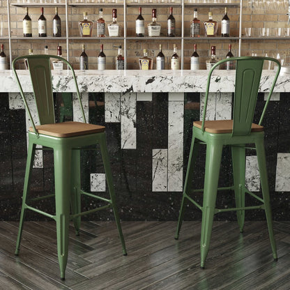 30" High Green Metal Bar Height Stool with Teak All-Weather Poly Resin Seat