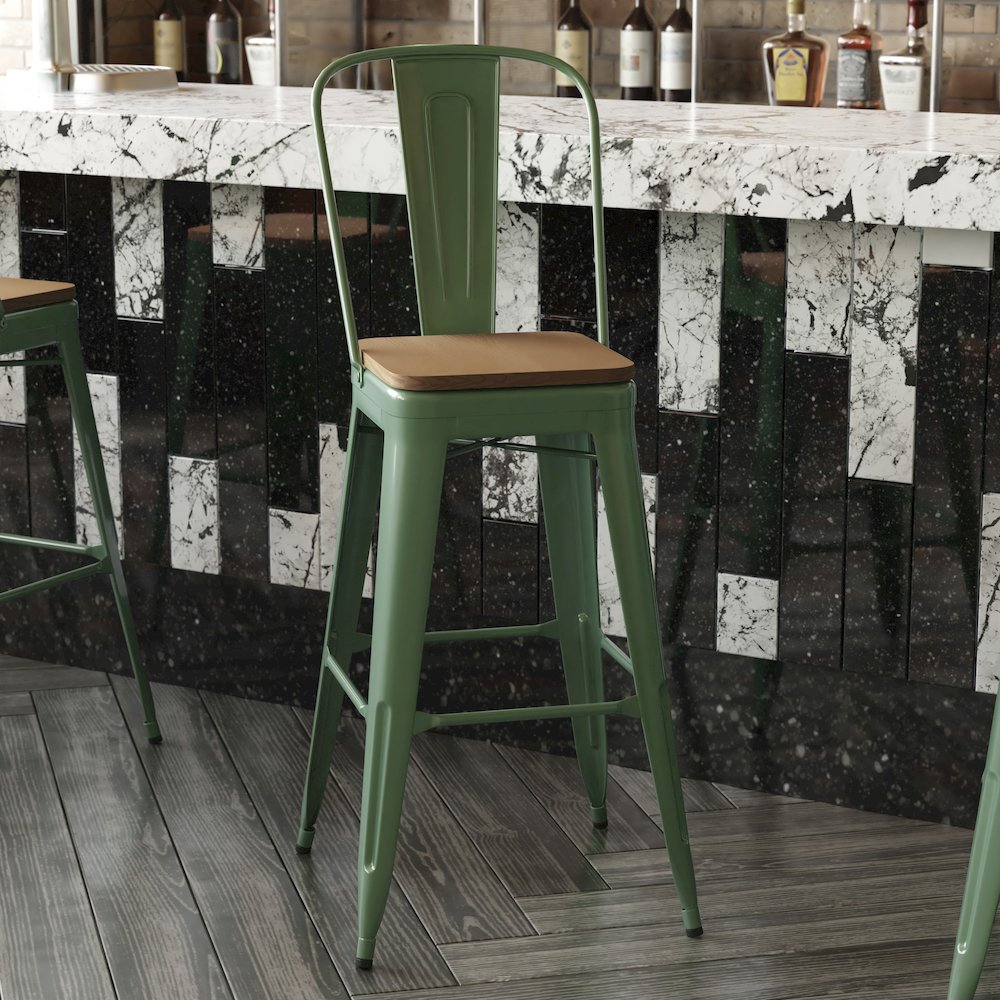 30" High Green Metal Bar Height Stool with Teak All-Weather Poly Resin Seat