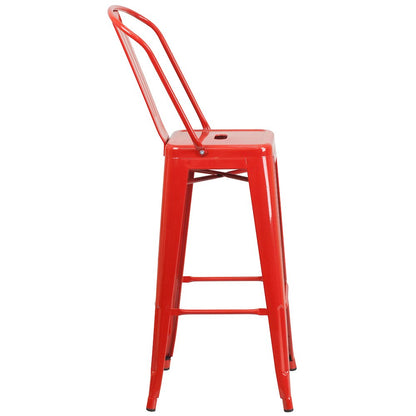 30" High Red Metal Indoor-Outdoor Barstool with Removable Back