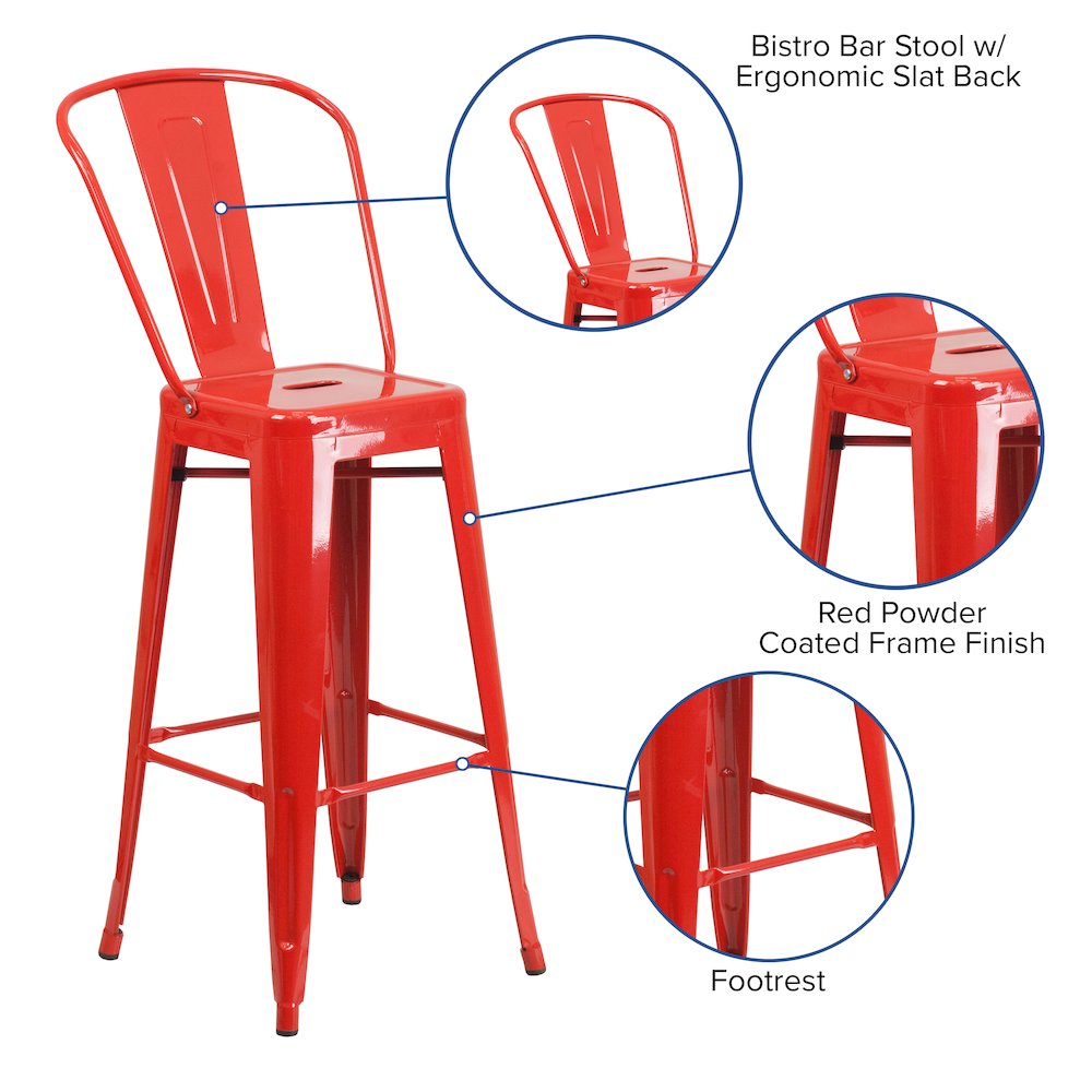 30" High Red Metal Indoor-Outdoor Barstool with Removable Back