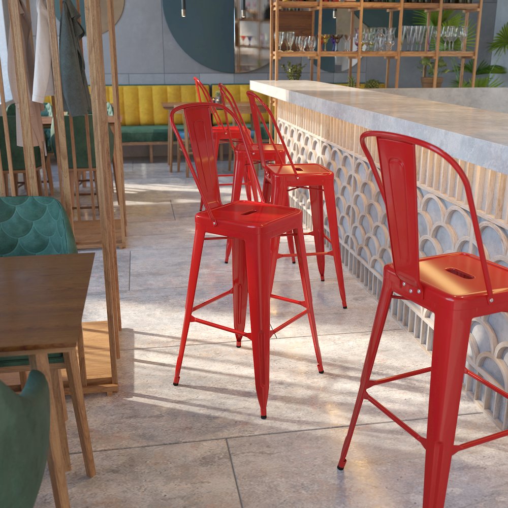 30" High Red Metal Indoor-Outdoor Barstool with Removable Back