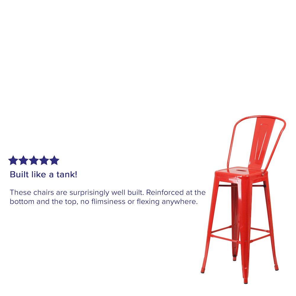 30" High Red Metal Indoor-Outdoor Barstool with Removable Back