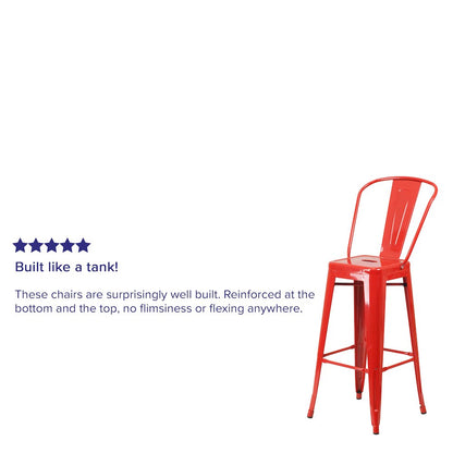 30" High Red Metal Indoor-Outdoor Barstool with Removable Back