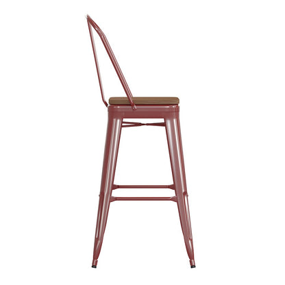 30" High Red Metal Bar Height Stool with Teak All-Weather Poly Resin Seat