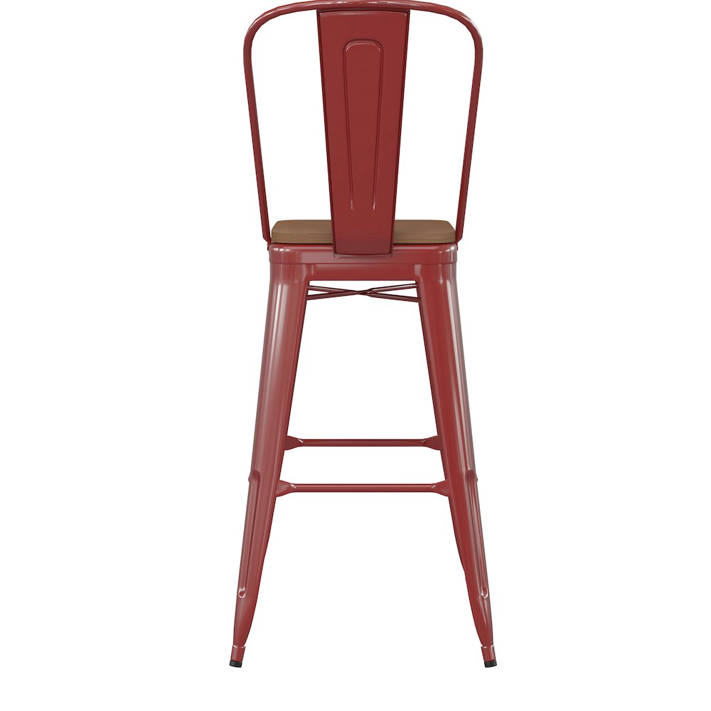 30" High Red Metal Bar Height Stool with Teak All-Weather Poly Resin Seat