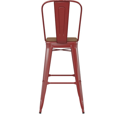 30" High Red Metal Bar Height Stool with Teak All-Weather Poly Resin Seat