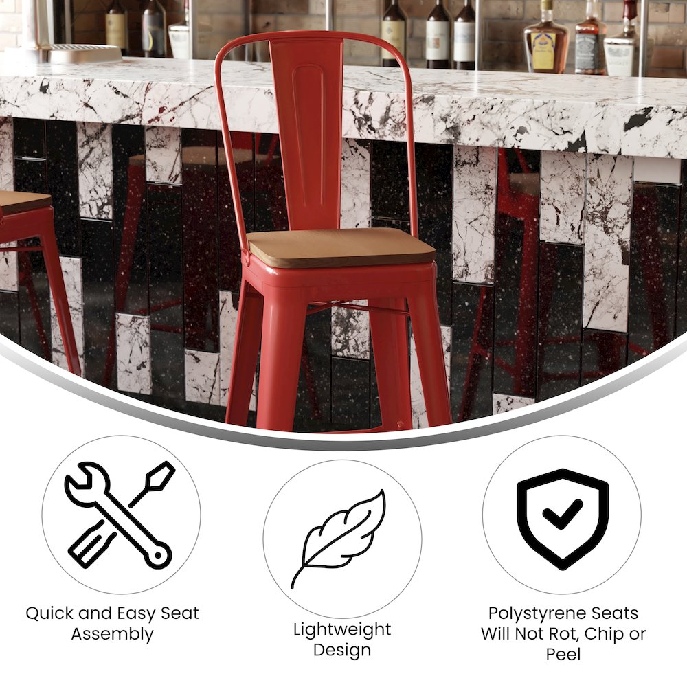 30" High Red Metal Bar Height Stool with Teak All-Weather Poly Resin Seat