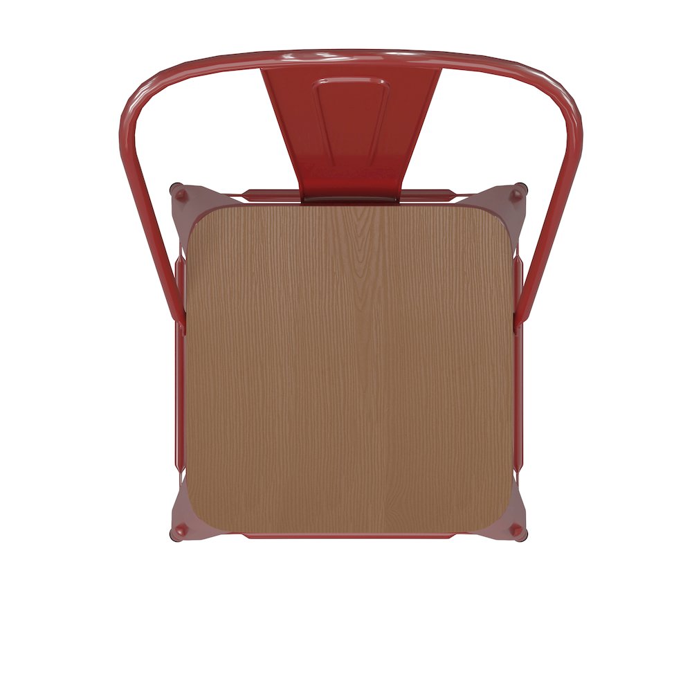30" High Red Metal Bar Height Stool with Teak All-Weather Poly Resin Seat