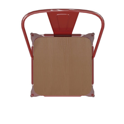 30" High Red Metal Bar Height Stool with Teak All-Weather Poly Resin Seat