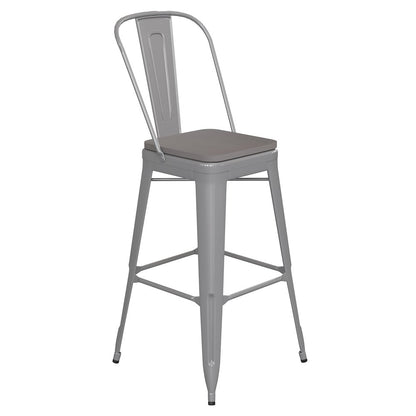 30" High Silver Metal Bar Height Stool with Gray All-Weather Poly Resin Seat