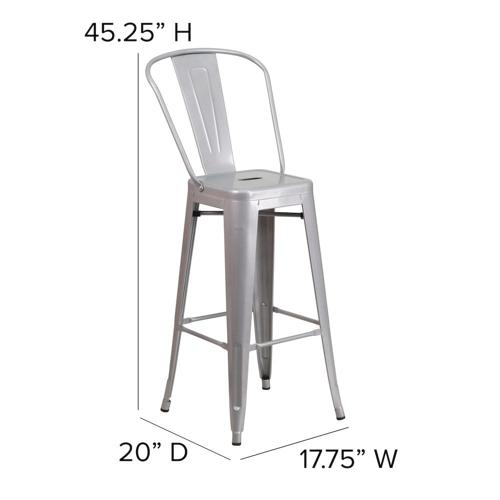 30" High Silver Metal Bar Height Stool with Gray All-Weather Poly Resin Seat
